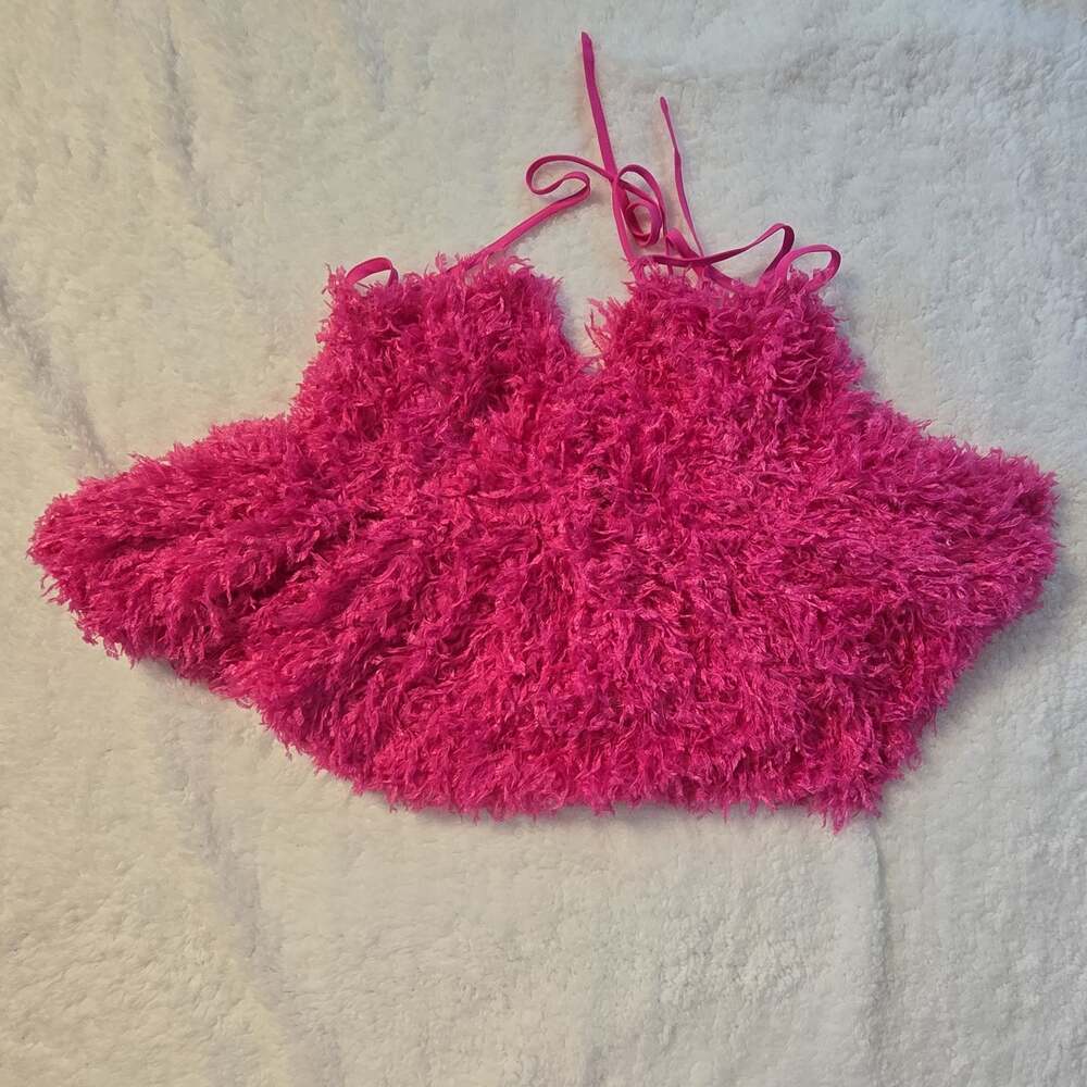 Baevely Hot Pink Fringe Textured V-Neck Cami Tank Top Size S